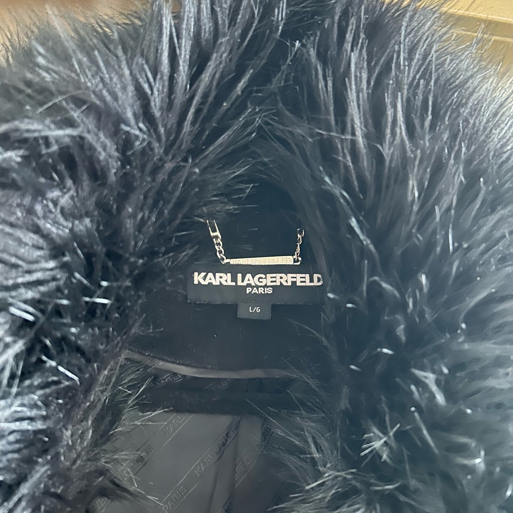 Karl Lagerfeld Black Wool Blend Trench Coat with Faux Fur Collar - Picture 3 of 4